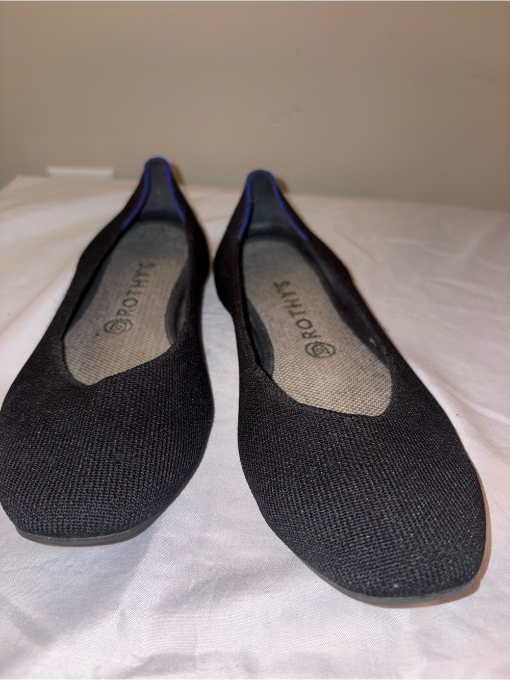 Rothy's Black Knit Pointed Toe Flats with Subtle Blue Trim
